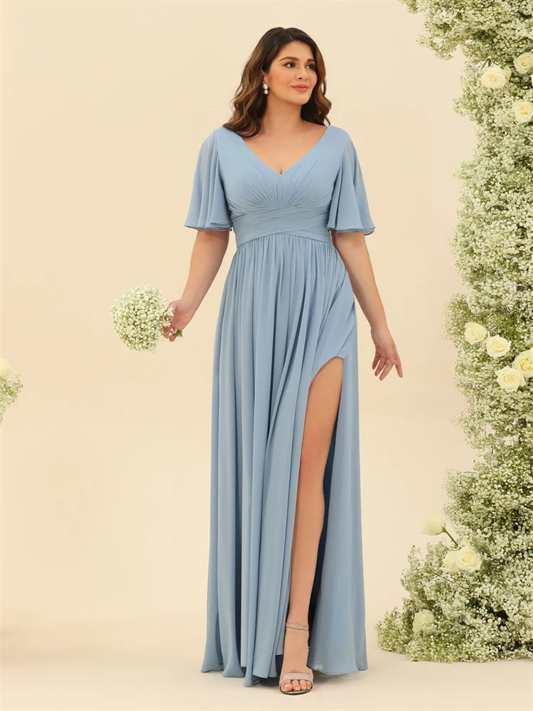 

New Product V Neckline Half Sleeves A-Line Chiffon Bridesmaid Dress Elegant Open Lace Up Back Side Slit Gown For Wedding Guest