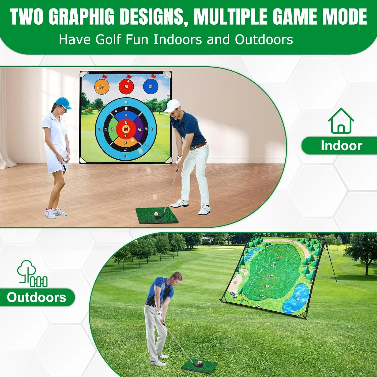 Double-Sided Golf Chipping Game Set Backyard Golf Practice with Adjustable Clubs and 20 Sticky Balls 6FTx6FT