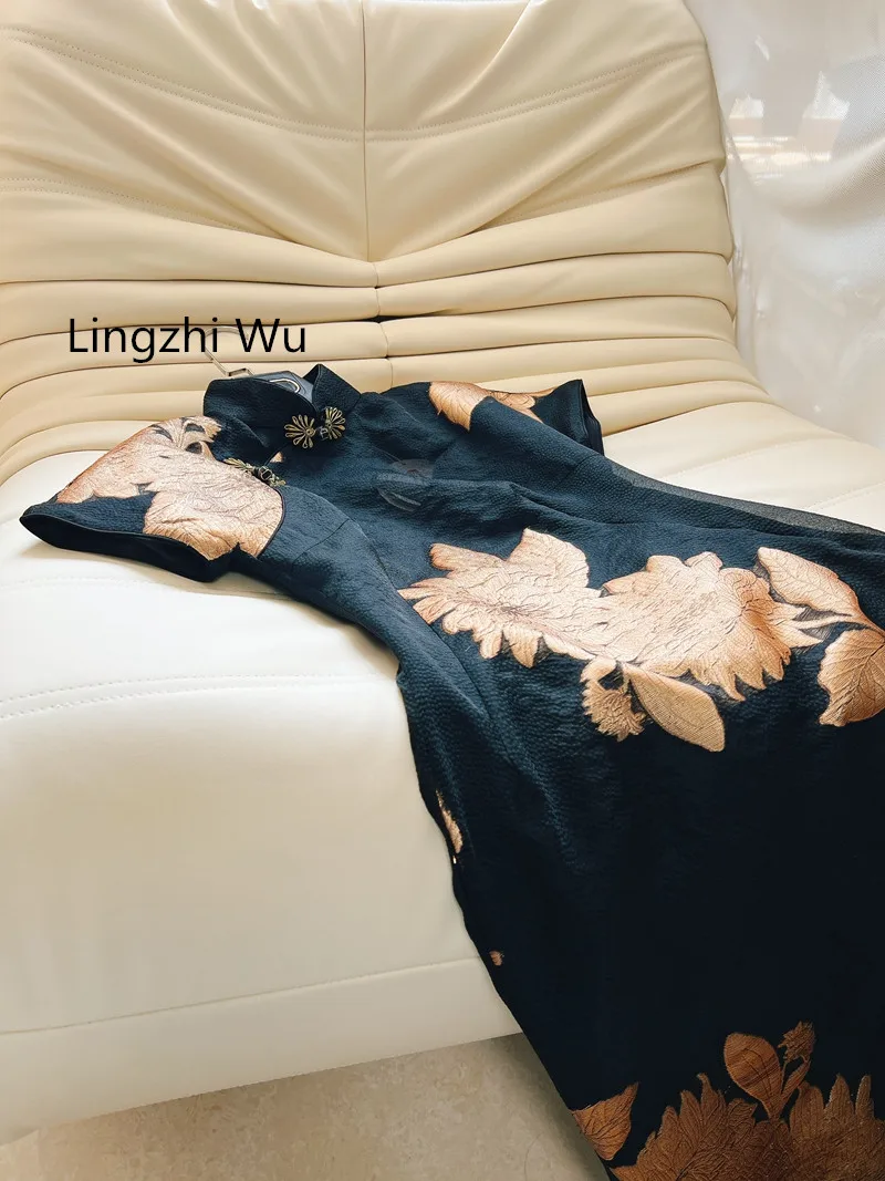 Lingzhi Wu-Chinese Style Formal Dress, Vintage Noble Elegant, Top Quality, Black Cheongsam Dresses, New Arrival, 2024