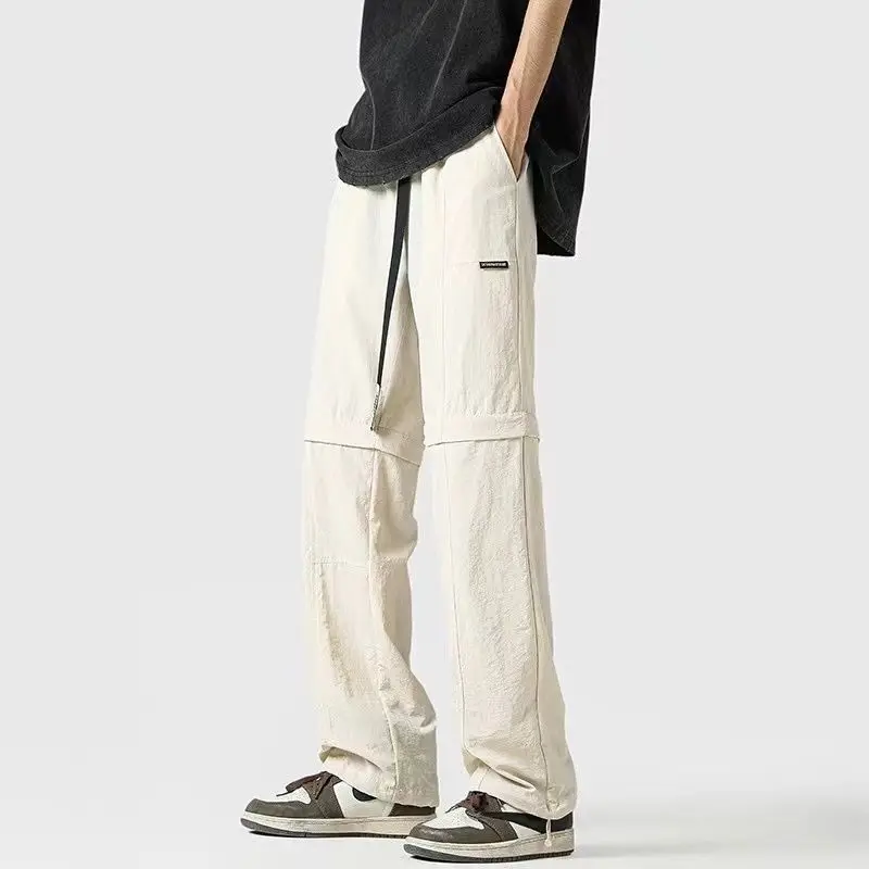 Straight Trousers Detachable Summer New Men's Patchwork Zipper Elastic Drawstring Pockets Fashion Loose Casual Two in One Pants