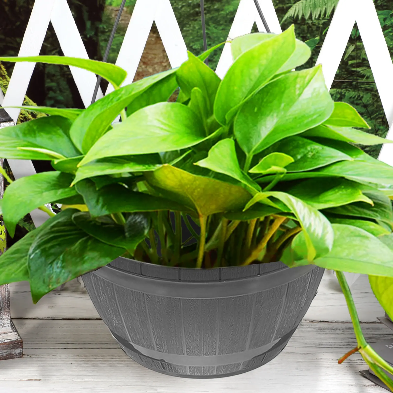 2Pcs Self-Watering Hanging Planter Plastic Barrel Shaped Faux Wood Texture Indoor Outdoor Balcony Patio Garden Decor Planter