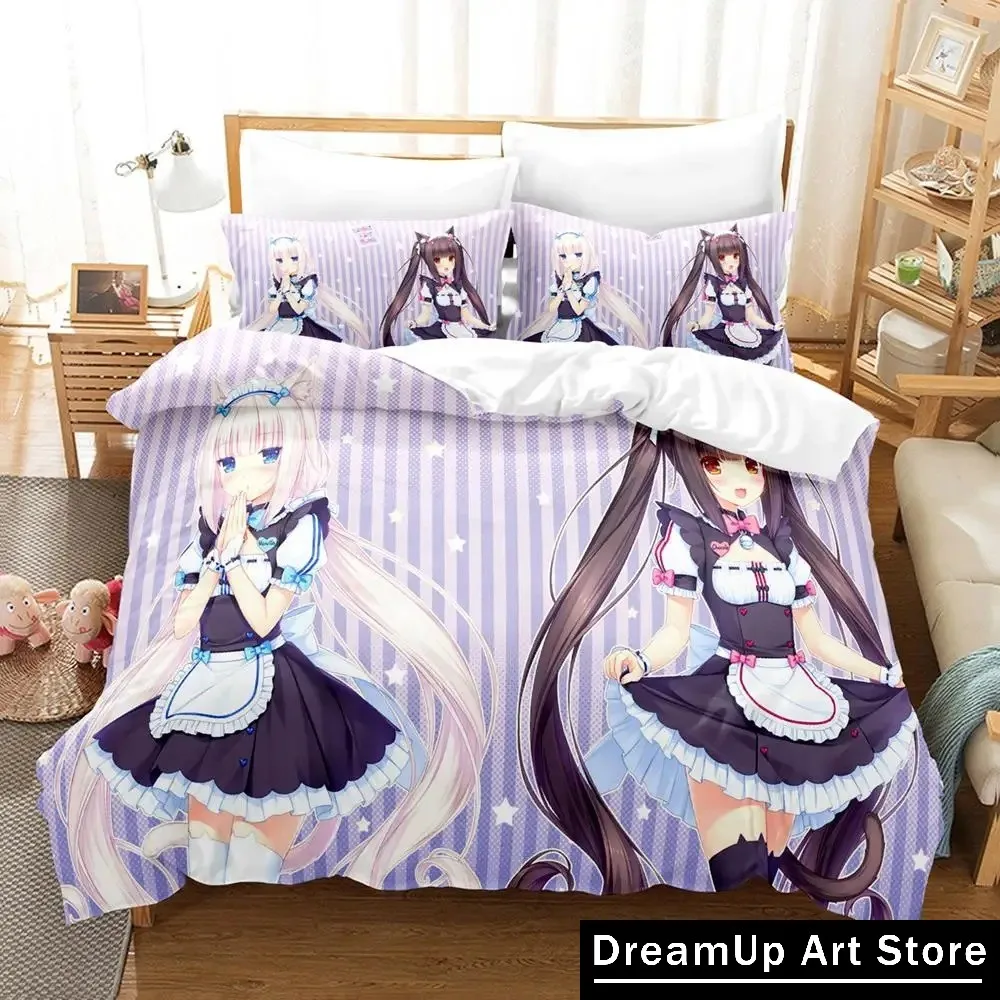 3D Print Kawaii Anime Game Nekopara Bedding Set Boys Girls Twin Queen Full Size Duvet Cover Pillowcase Bed Adult Bedroom