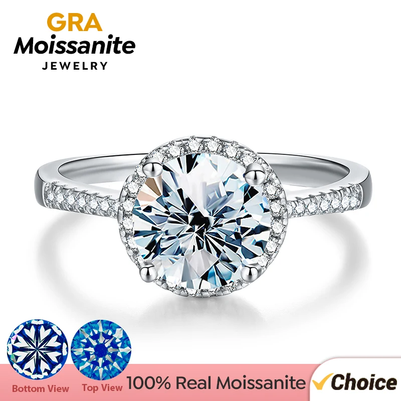 GRA Luxury 0.5-3CT Real Moissanite Diamond Ring Wedding Round Gemstones Halo Rings for Women 925 Sterling Silver Fine Jewelry