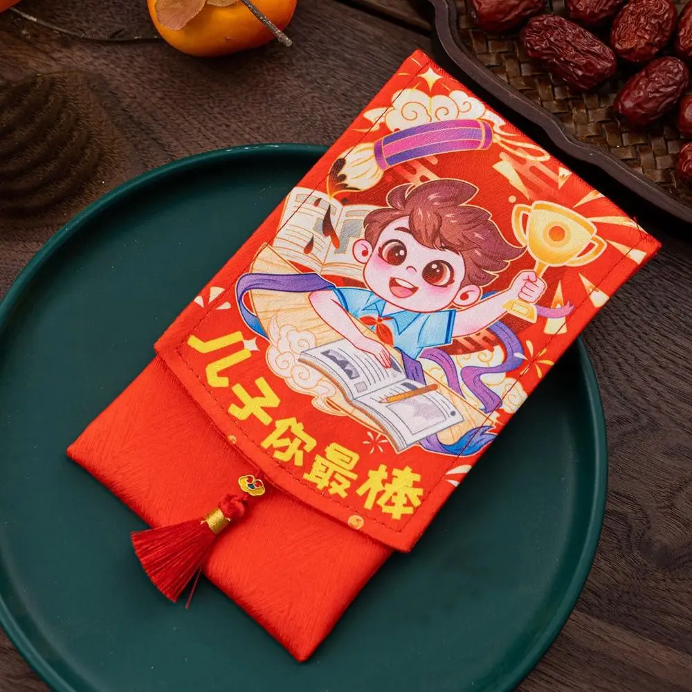 Chinese New Year Fabric Red Envelop Blessing Words Best Wishes 2025 Red Pocket Cartoon HongBao Change Gifts Bag New Year