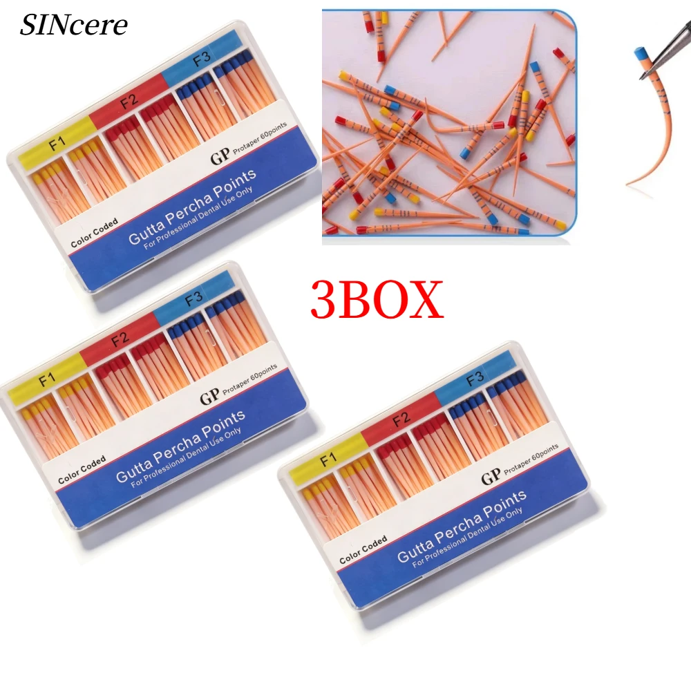 3 boîtes = 180 pièces de points de gutta-percha dentaire F1 F2 F3 avec échelle, pointes d'obturation endodontique pour canaux radiculaires, barres coniques, consommables dentaires