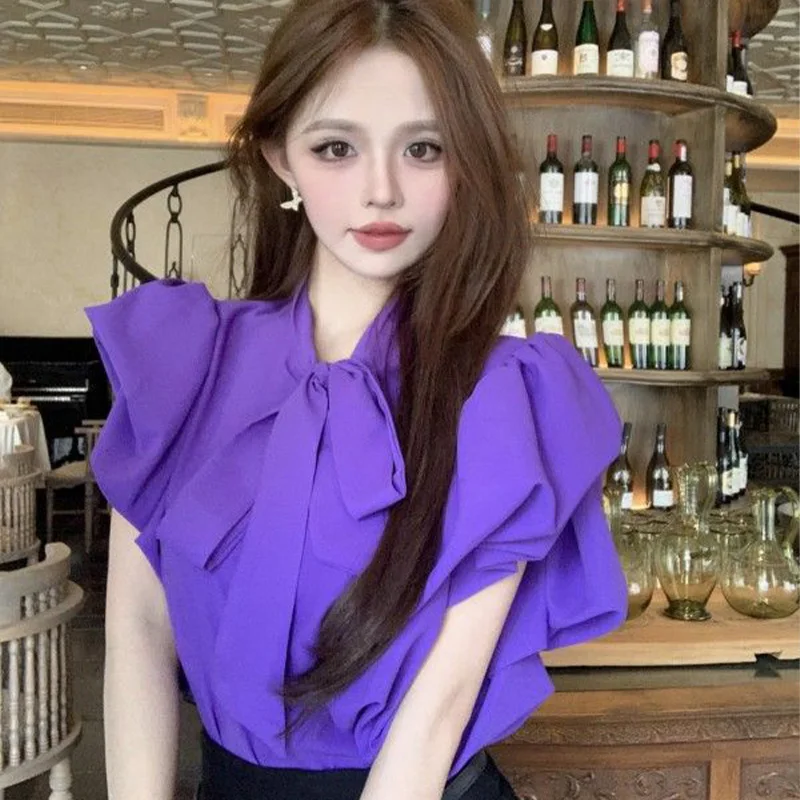 Temperament Bow Drawstring Fashion Elegant Purple Short Sleeved Shirt Summer Original Design Sexy Casual Solid Color Women\'s Top