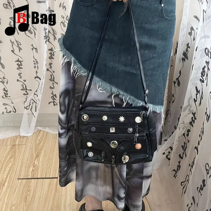 Y2K Gothic Women\'s Girls Punk Handbags Harajuku Original Button Multi Zipper Washed One Shoulder Crossbody Bag Fashionable Totes