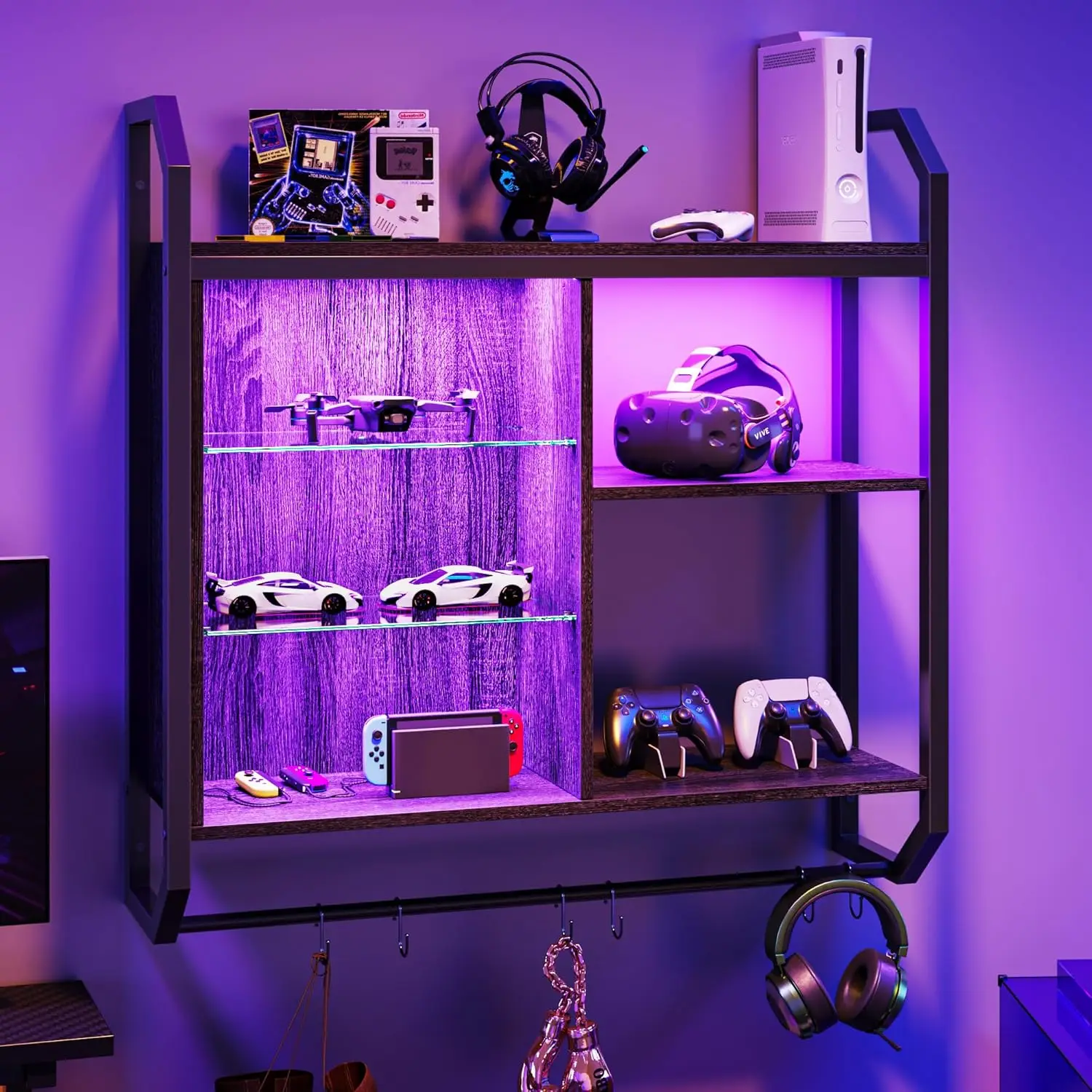 

34" LED Wall Mounted Shelf with Adjustable Glass Shelf, Pipe Shelves Hanging Display Rack Bookshelf with 6 S-Hook