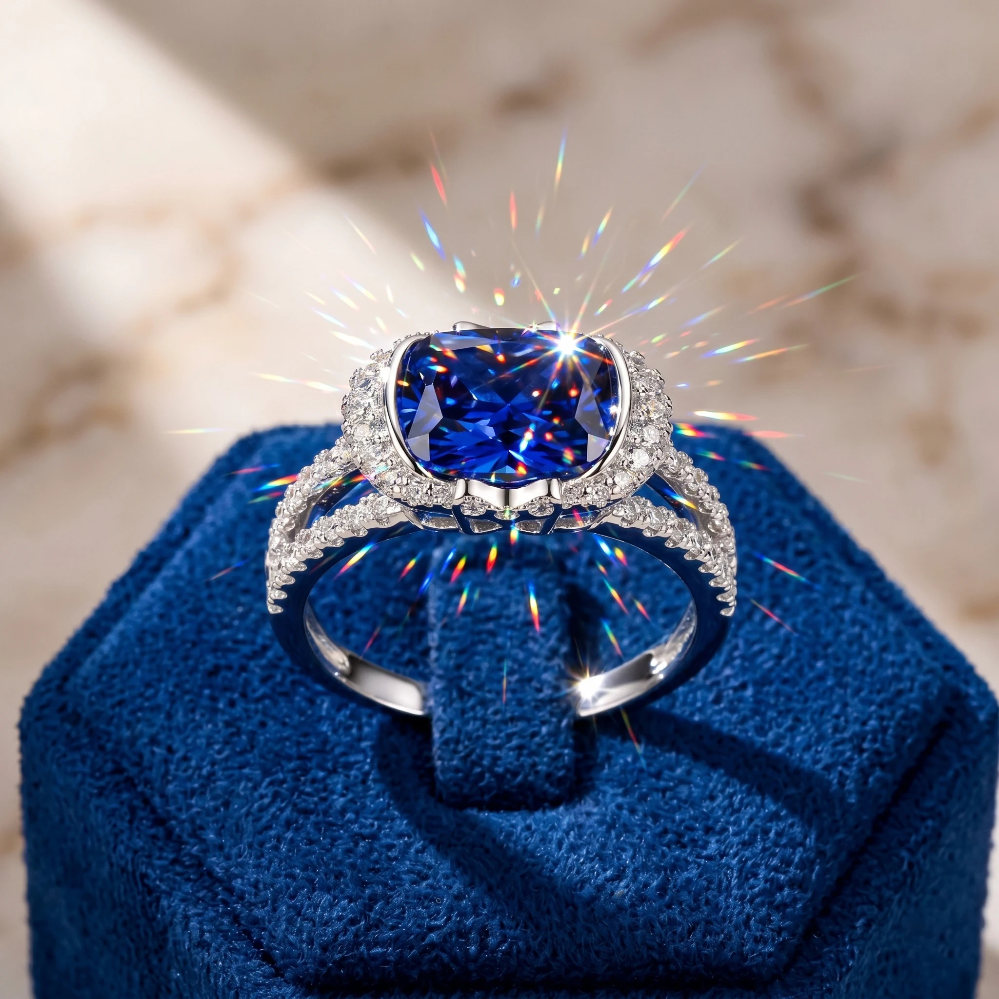 Anello Halo con Zirconia Cubica Blu, Argento Sterling 925, Doppio Ghiere in Micro Pavé, Design Vintage con Gemma, Per Uso Quotidiano, Con Certificato