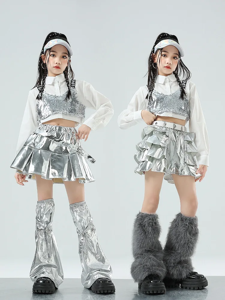 Silver Girls Hip Hop Sets K-pop Sequin Crop Top Shirt Street Dance Skirts Youth Streetwear Woman Jazz Costume Girl Group Clothes