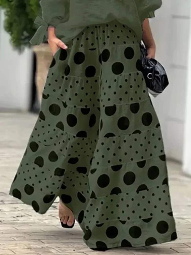 Women's Polka Dot Tiered Wide Leg Pants Elastic High Waist Loose Casual Maxi Palazzo Trousers With Pockets A-line Pleated Pants