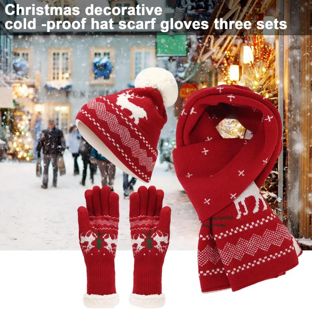 

Cozy Knit Hat Scarf Gloves Christmas Elk Tree Pattern Beanie Scarf Gloves Set Warm Fleece Winter Outdoor Cycling Accessories