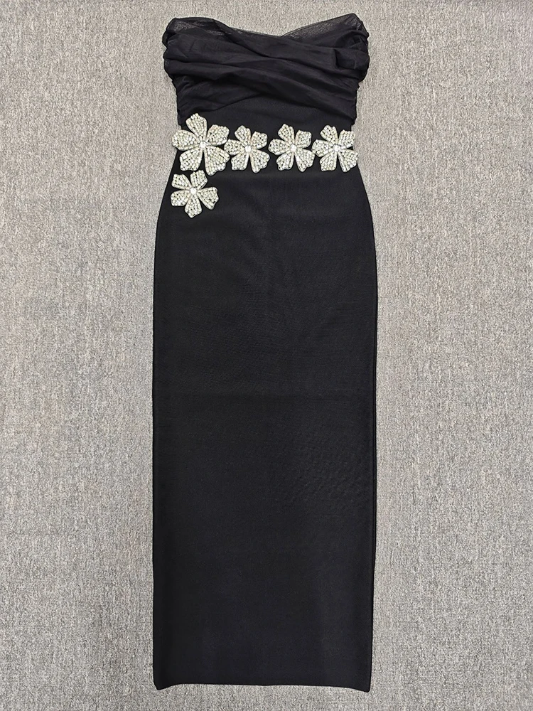 セクシーなオフショルダーダイヤモンドフラワーバンデージドレス女性用ブラックメッシュパッチワークボディコンロングドレスイブニングパーティーガウン