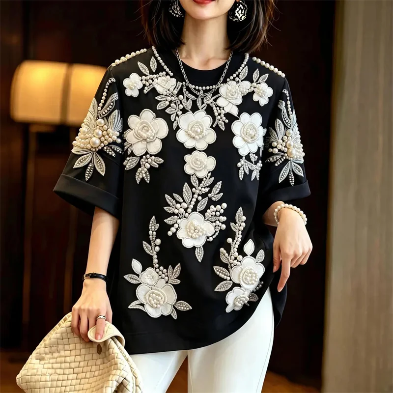 Women's T-shirt Blouse Embroidered Short Sleeved Spring Summer Autumn Leisure Heavy Industry Nail Bead Loose Unique Tshirt Top