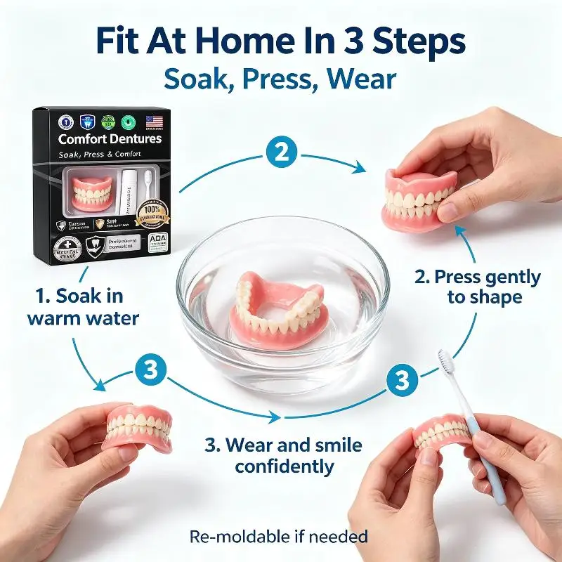 Natural Ivory False Teeth Set Upper And Lower Moldable Silicone Instant Smile Denture Kit With Free Toothbrush And Toothpaste
