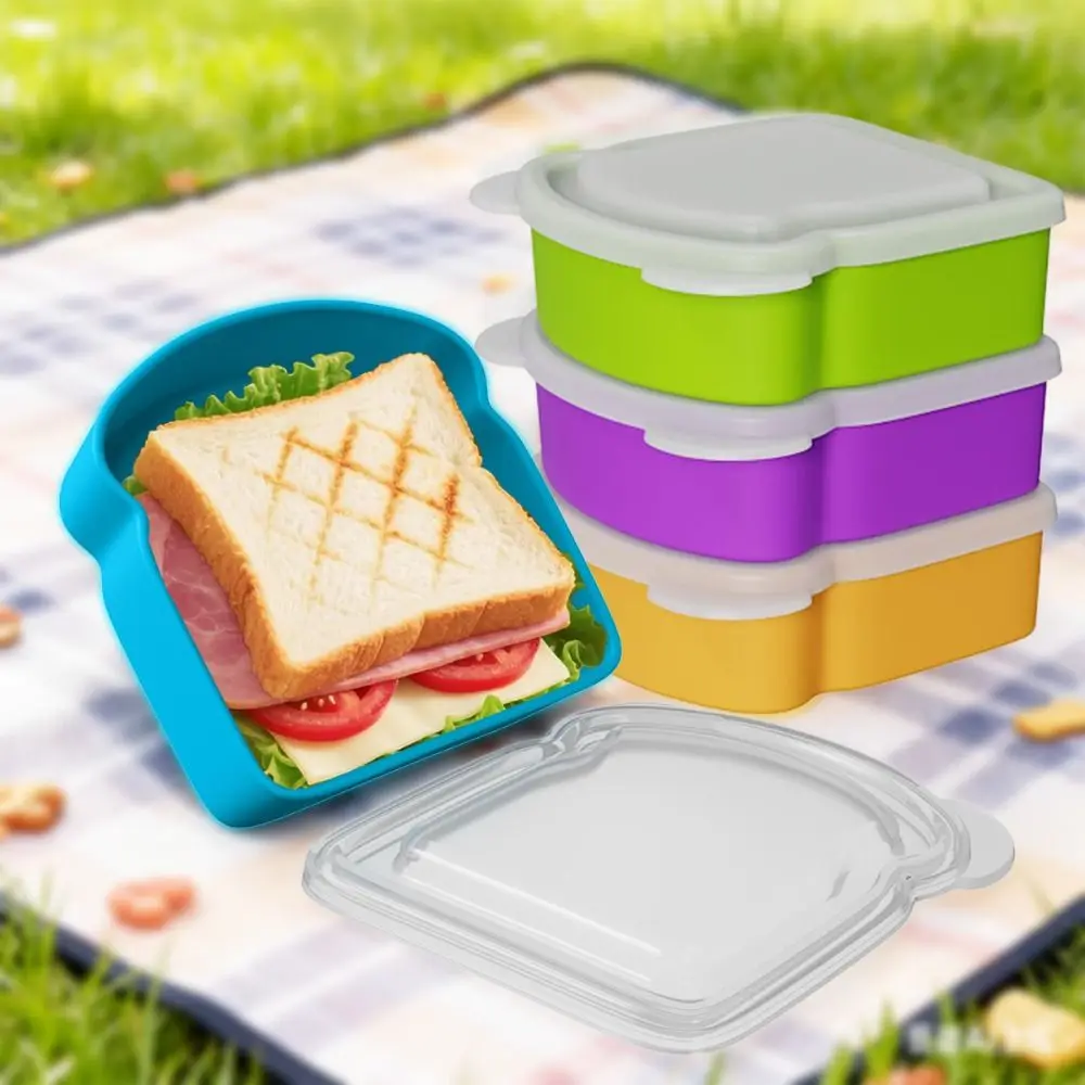 With Lid Silicone Sandwich Box Toast Shaped Airtight Portable Lunch Box Stackable Space Saving Prep Keeper For Picnic