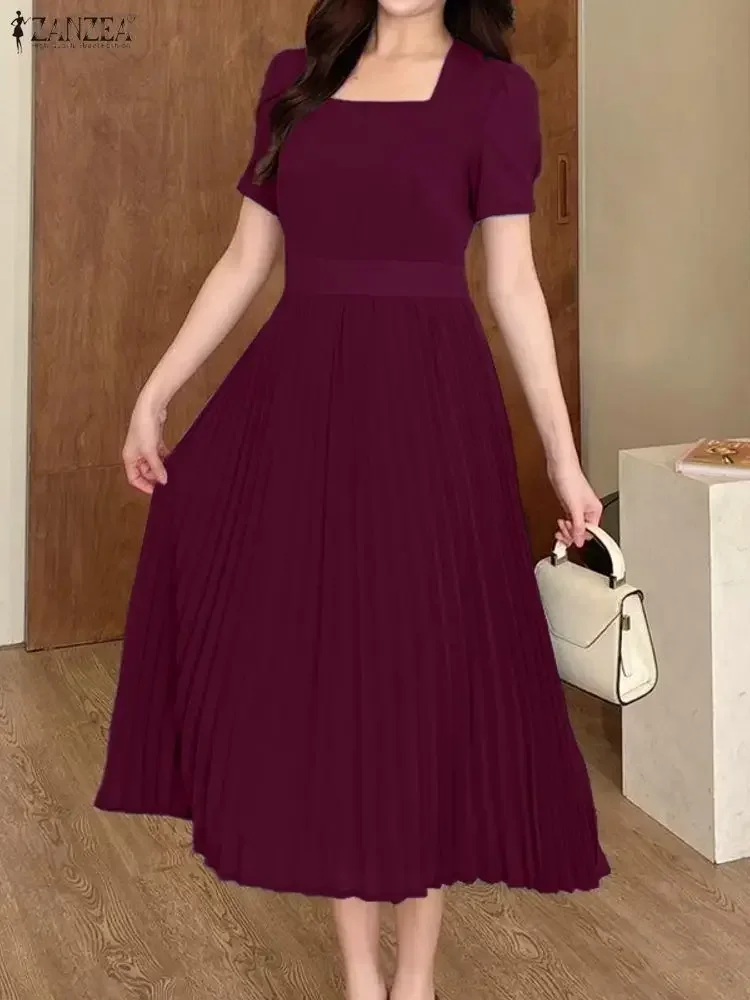 Elegancka damska sukienka midi z plisami na lato, kwadratowy dekolt, długa koszula, sukienka na imprezę, modne sukienki, krótki rękaw, codzienna, jednolita sukienka.