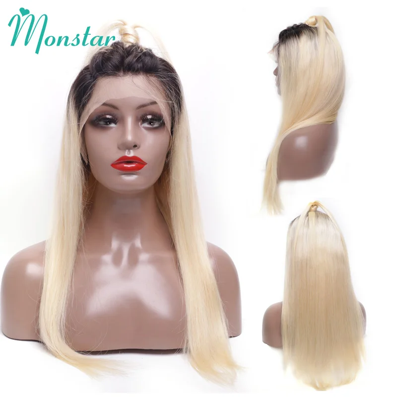 Wig 13x6 transparan 1B 613 Lace Frontal 30 32 34 inci Peru Remy pirang Ombre lurus wig rambut manusia depan renda untuk wanita