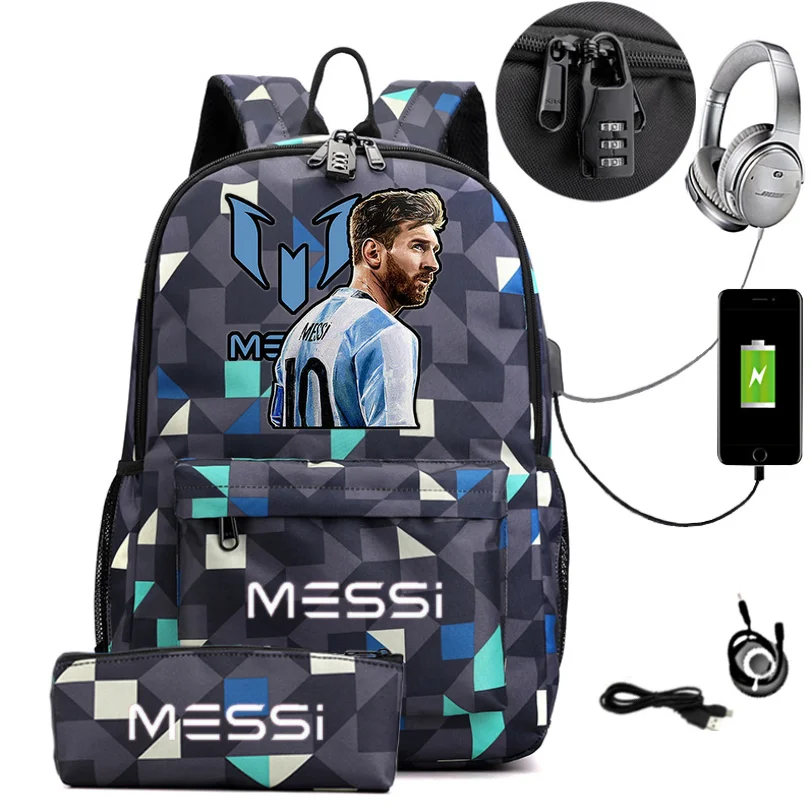 2pcs Messi Backpack An-ti lock USB Women Men Capacity Teens Laptop School Bags Casual senior high school Students Mochilas