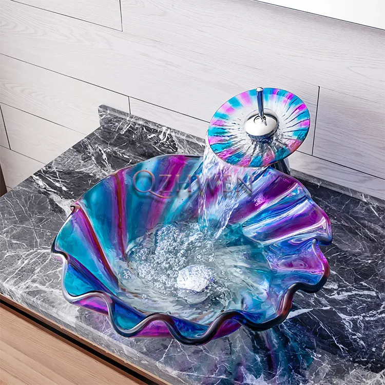 450*450*120mm Bathroom Sinks Countertop Washbasin Flower Shape Hand Wash Pool Colorful Art Basin with Waterfall Faucet Sets