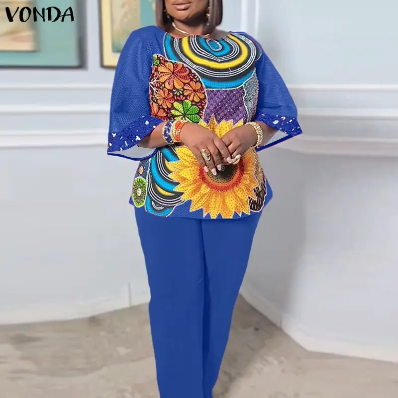 Conjuntos de Pantalones Estampados para Mujer Talla Grande 5XL VONDA 2026, Conjuntos Casuales de Verano con Manga 3/4, Conjuntos de 2 Piezas Holgados para Fiesta, Moda Informal de 2 Piezas