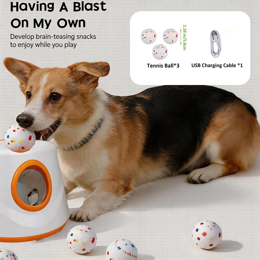 Lanceur de balles automatique intelligent pour chien avec 3 distances de lancement 6m/10m/14m, jouet interactif rechargeable pour l'entraînement professionnel des chiens et la santé mentale, catapulte à balles de tennis électrique portable avec chargement USB-C et 3 balles ETPU, jouet pour animaux de compagnie
