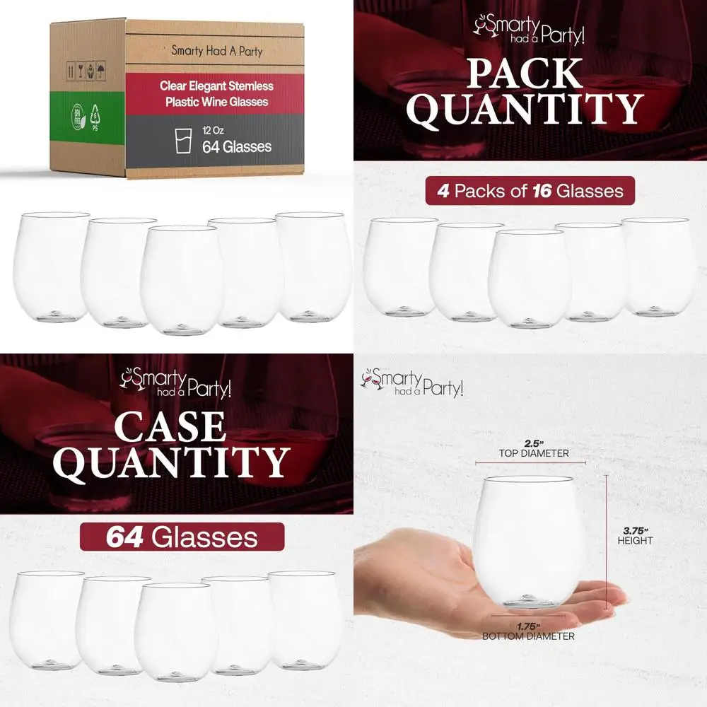 

Прозрачные пластиковые бокалы для вина без ножки, 12 унций - набор из 64 одноразовых стаканов для свадеб, вечеринок и мероприятий
