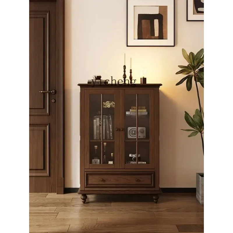 B6-G   Solid Wood Retro Wine Cabinet with Glass Door Living Room Light Luxury High-end Bookcase Locker