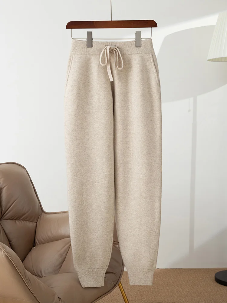 

TLOML Women's Wool Pencil Pants Autumn Winter 100% Merino Wool Knitted Trousers Thick Soft Pocket Drawstring Casual Style Pants