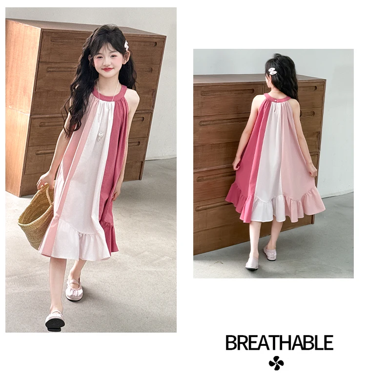 Mädchenkleid mit süßem Farbblock-Design für Sommerkostüme, Baumwolle, hohe Qualität, Kinderkleidung für Alter 7 8 9 10 12 14 Jahre – Detail 14
