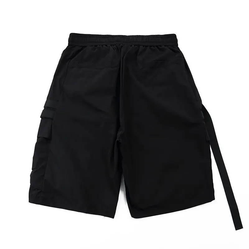 Men's 2024 Summer New Fitness Patchwork Pocket Solid Color Loose Ruched Straight Casual Drawstring Elastic Waist Wide Leg Shorts