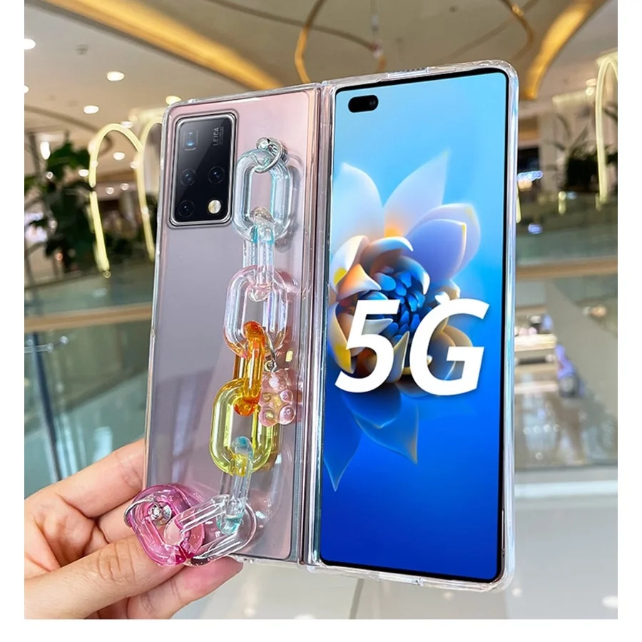 For Samsung Galaxy Z FOLD 6 5 4 3 2 5G Fashion DIY Cute Bear Candy Rainbow Hand Chain Clear Transparent Phone Case Cover