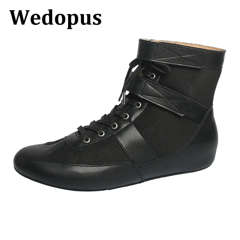 Wedopus Lorenzo Stivali da ballo Suola in pelle scamosciata Maglia nera Linea unisex Scarpe da ballo per donna e uomo Stivaletti da ballo