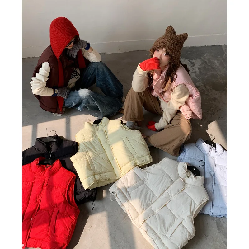 Women Parkas Solid Vest Coat  Zipper Button Pocket Stand Collar Straight Thick Sleeveless Loose Office Lady Casual Winter 2025
