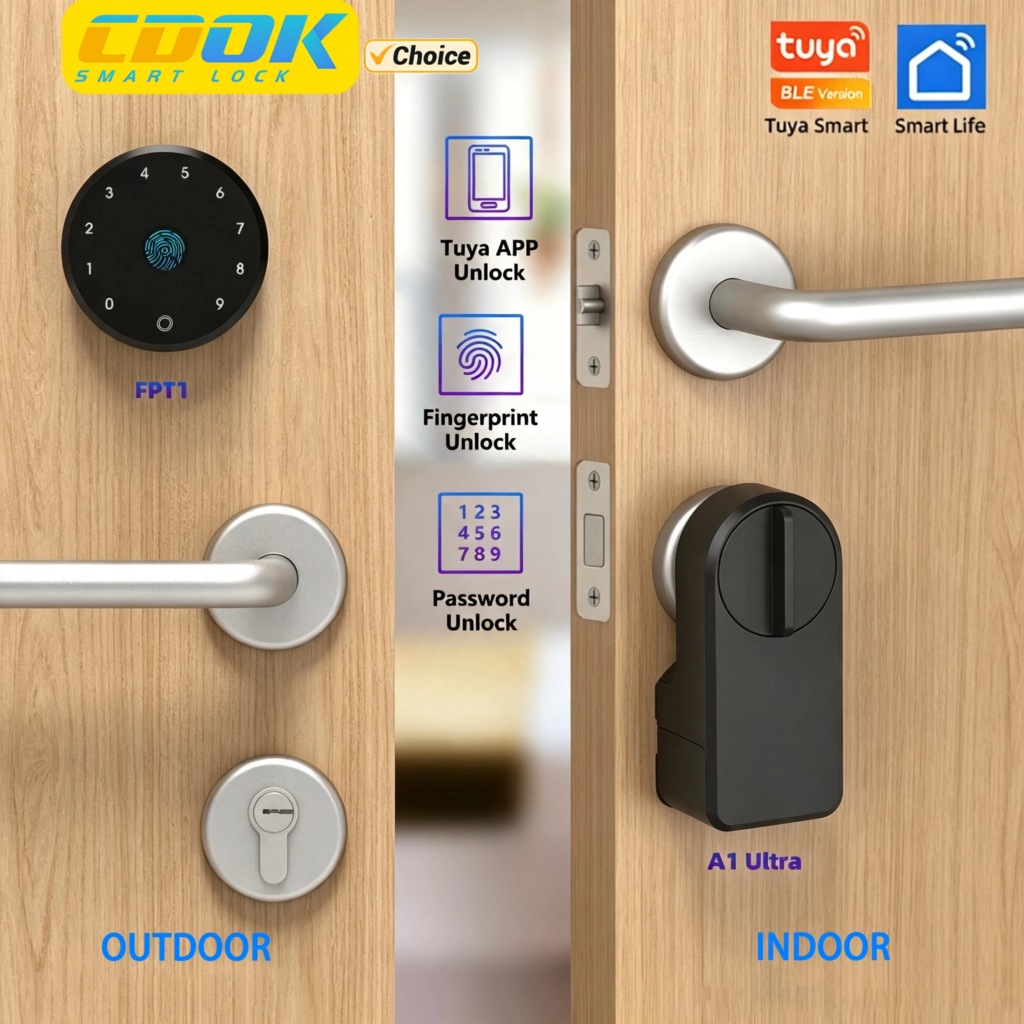 CDOK A1 Ultra Smart Lock, Electronic Lock, Tuya Bluetooth Lock, Multi-functional Unlocking, No-Drill Adhesive Installation