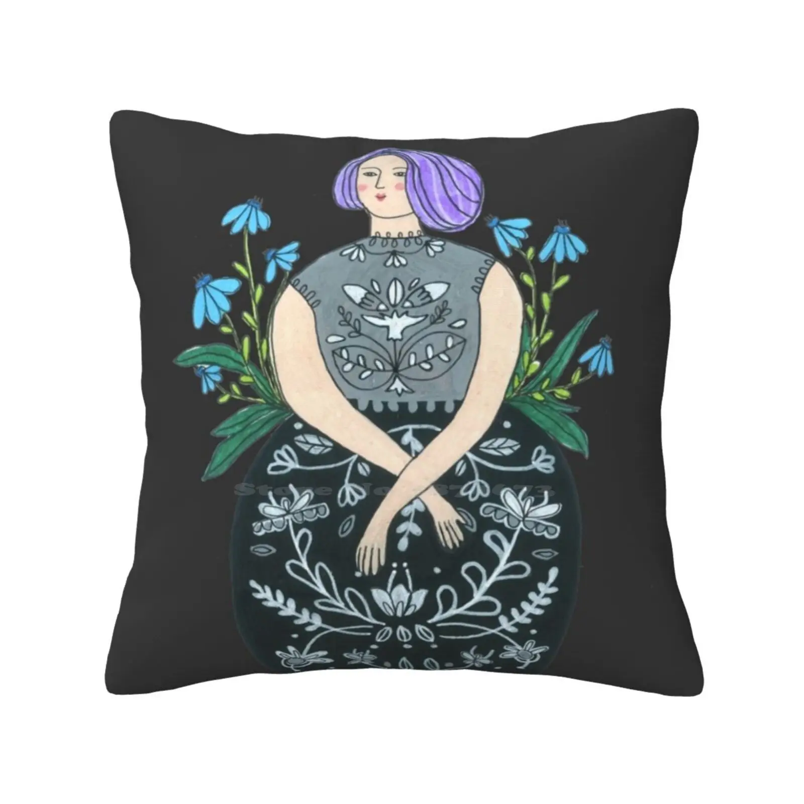 

Purple Haired Girl Funny Cute Decor Square Pillowcase Doodles Cute Doodle Hipster Teen Girlfriend Boyfriend Retro Woman Drawing