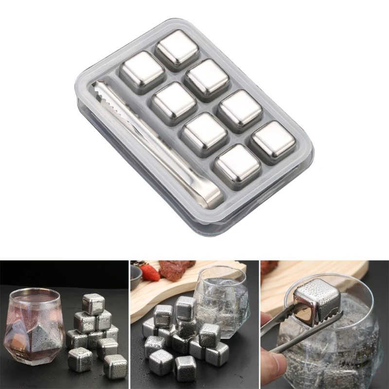 Stainless Steel Ice Cubes Reusable Whisky Stone Chilling Ice Cubes for Wine Juice Water 8Pieces Ice Cubes and Clip Gift