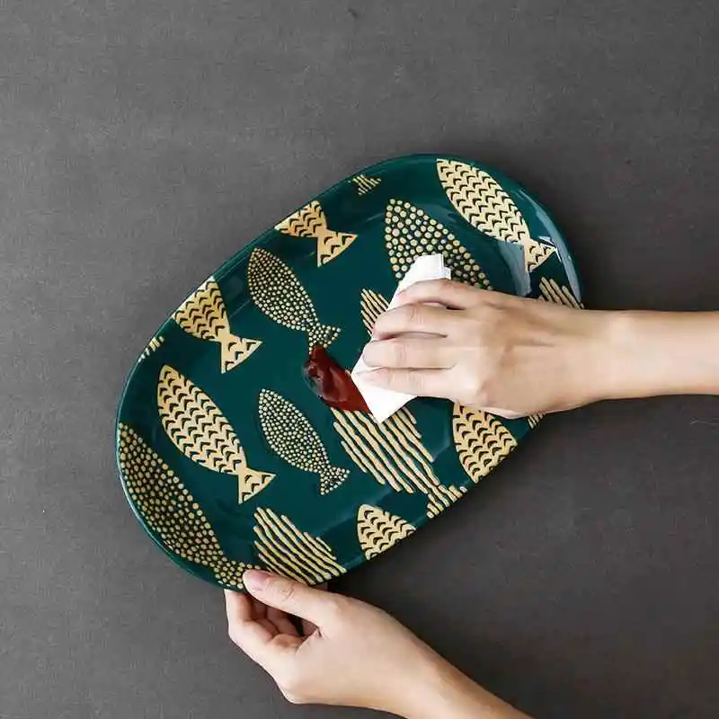 

12-Inch Ceramic Fish Plate Underglaze Color Steamed Fish Plate Nordic Style Dark Green Dinnerware Set for Home Use Hotel