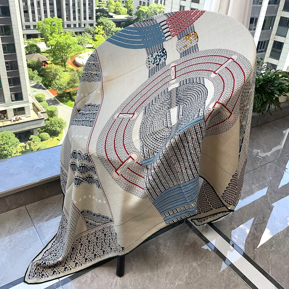 Autumn and winter wool scarf beige woven wind double-sided printed silk wool scarf versatile shawl thermal scarf