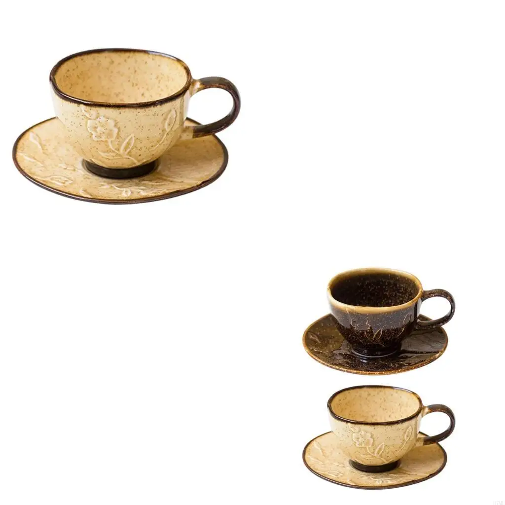 37ME Unique Handmade Ceramic Tea Cup And Saucer Set With Glazed And 3D Florals Embossed Pattern Coffee Mug Birthday Gift