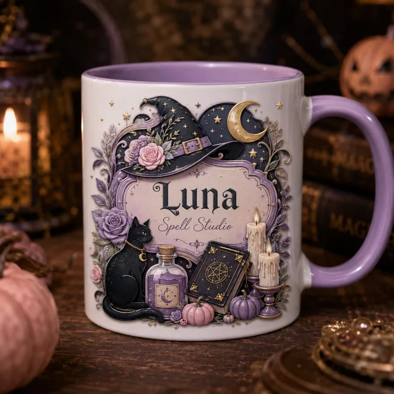 2D Print Vintage Mystic Black Cat Magic Theme Custom Coffee Mug Star Pentagram Spell Book Decor Halloween Gift