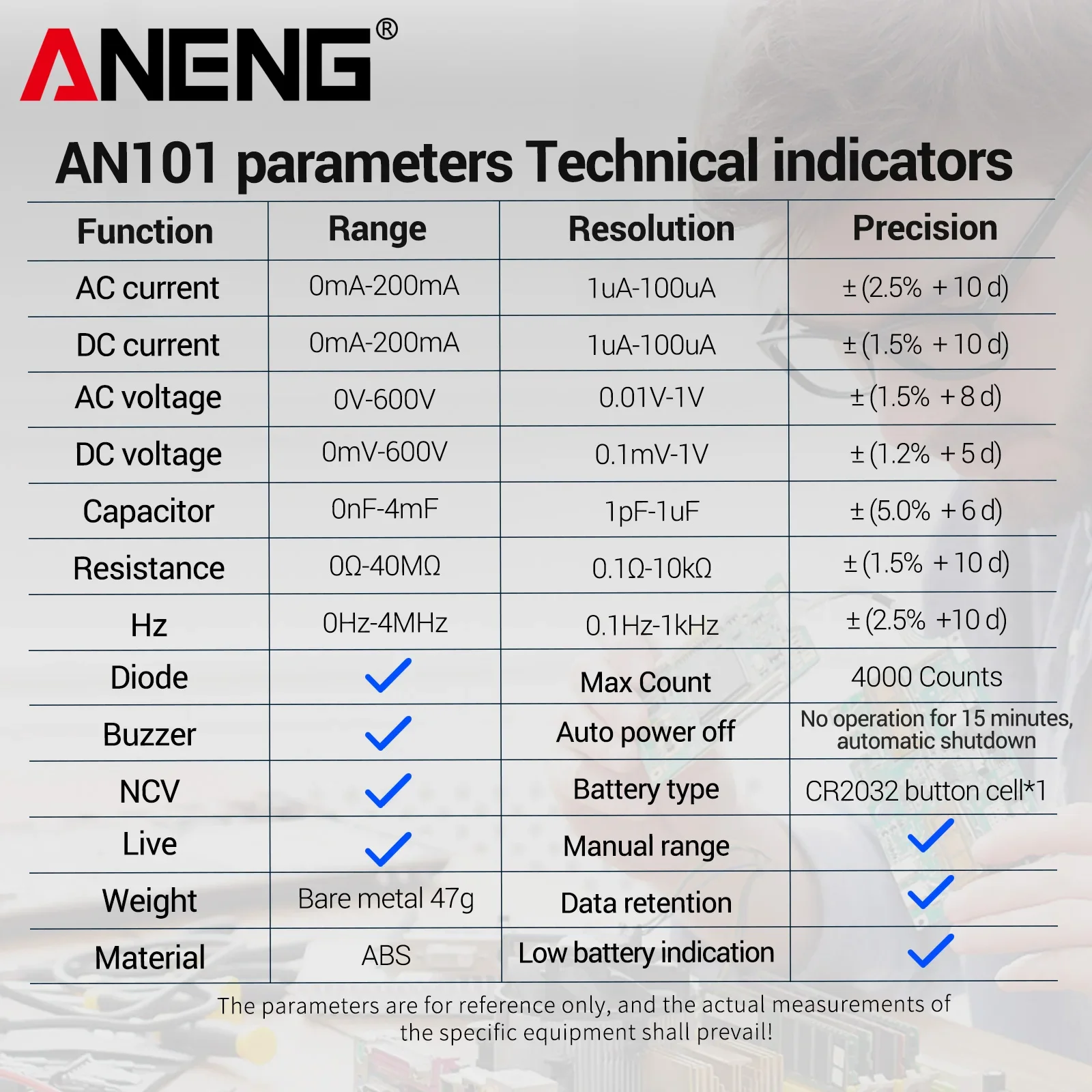 ANENG AN101 Mini Digital Multimeter ABS Material 4000 Counts NCV Detector Data Hold Auto Power Off For Electronic Maintenance