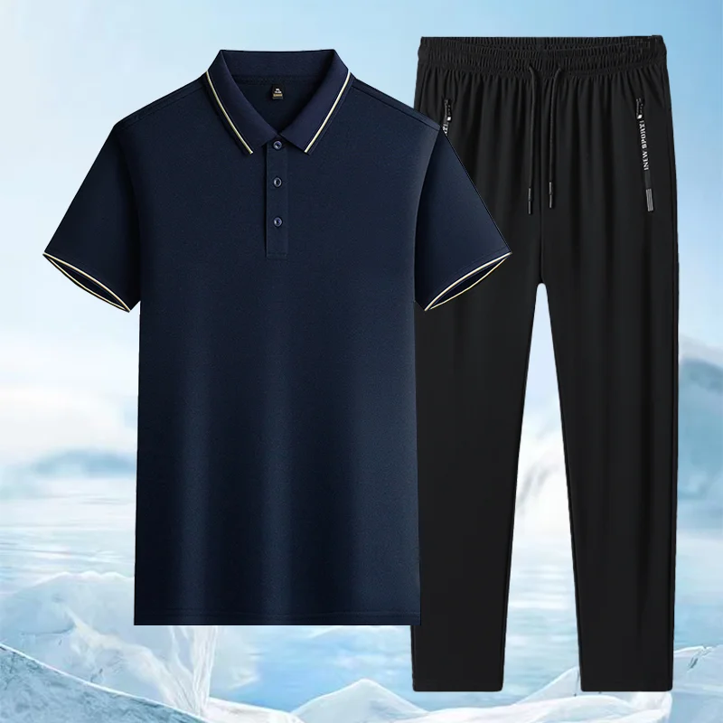 

Летние деловые поло-комплекты для мужчин: тонкая дышащая рубашка-поло с воротником на пуговицах, короткий рукав, универсальные прямые брюки, комплект из двух предметов