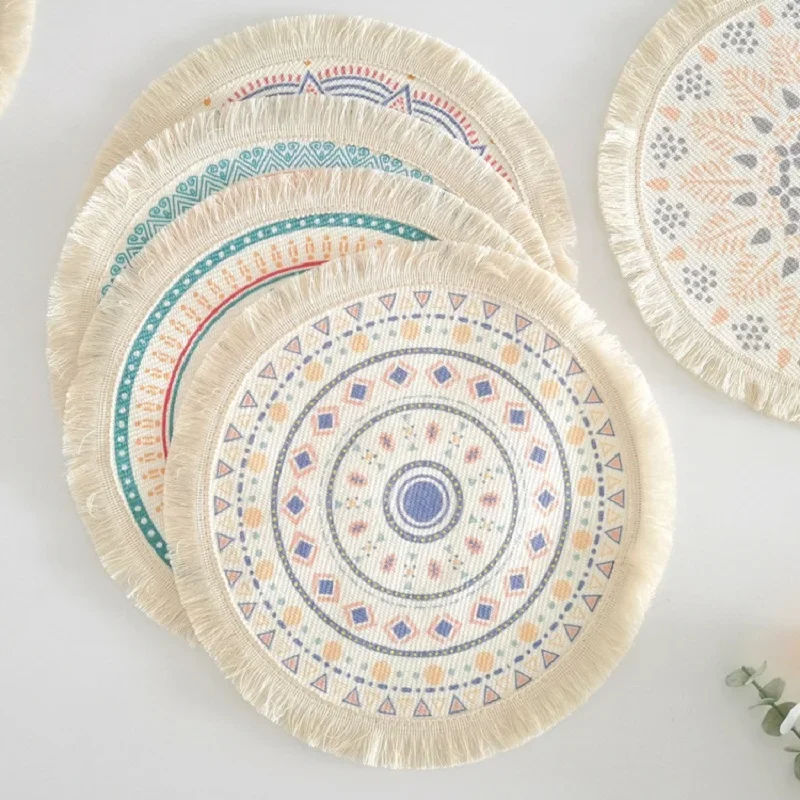 Bohemian Style Circular Placemat Cotton Thread Woven Round Dining Table Decor Mat Fabric Printed Tassel Pad Home Insulation Mat