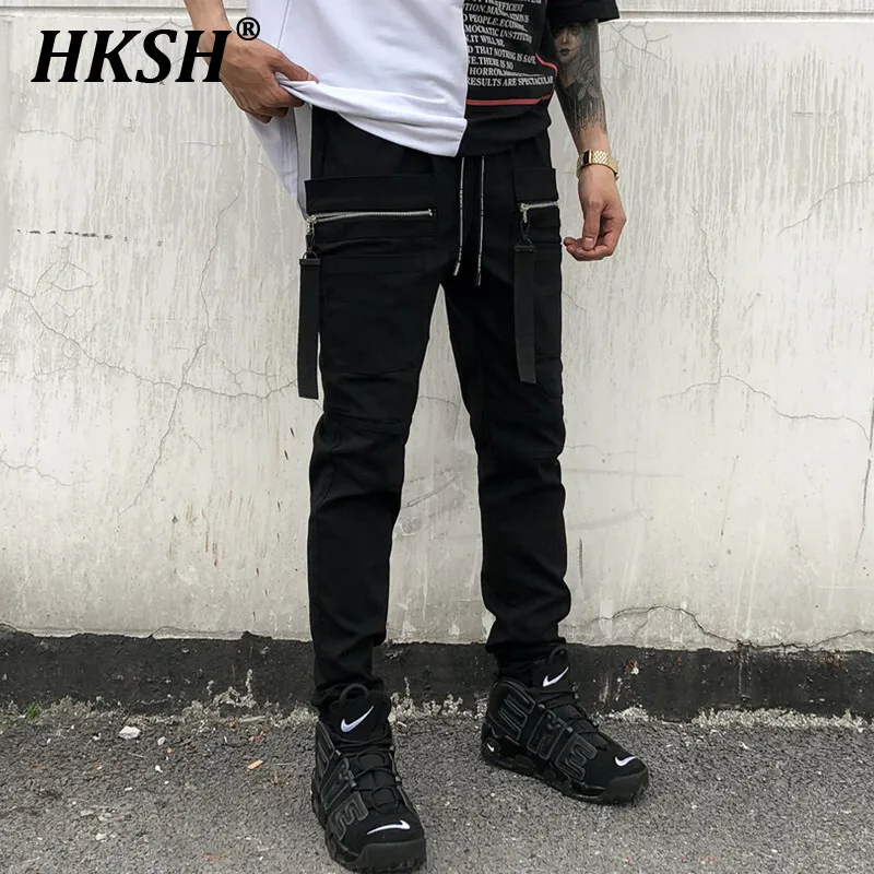 

HKSH Spring Summer Men's Tide Safari Style Leggings Dark Cargo Pants Elastic China-Chic Pencil Pants Casual Punk Overalls HK0767