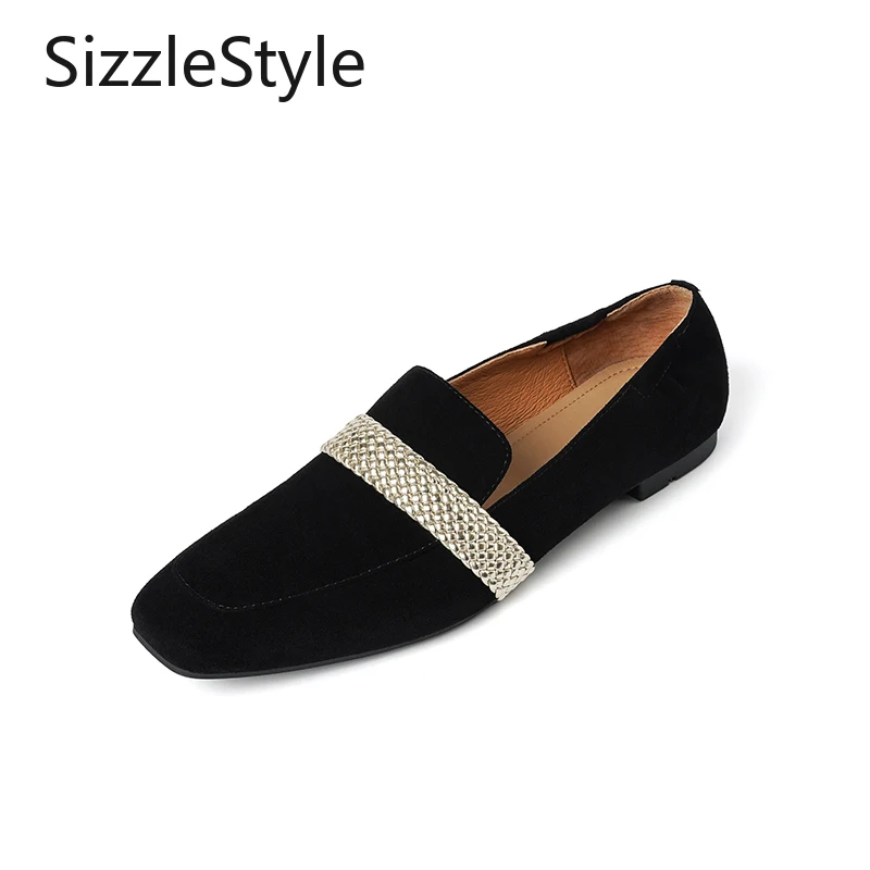 

Fashionable Ladies Sheepskin Simple Square Toe Flat Heel One-strap Decorative Shallow Mouth Loafers