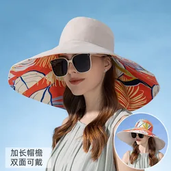 2024 18cm Large Brim Hat Women Summer UV Protection Sun Hat Reversible Wear Fashion Bucket Hat Female Outdoor Leisure Travel Hat