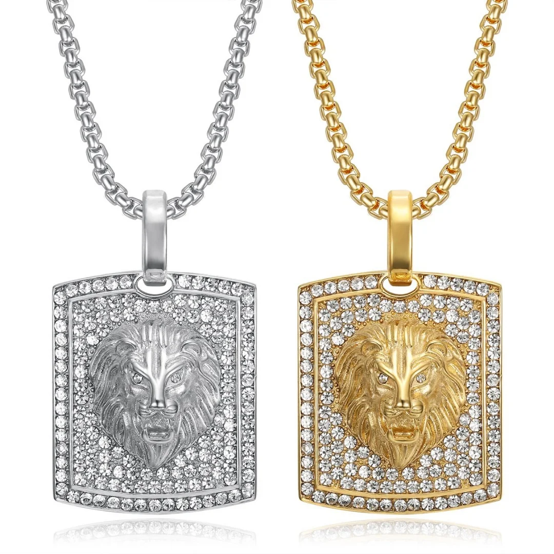 

Hip Hop Iced Out Bling Lion Head Pendant Gold Silver Color Stainless Steel Zirconia Animal Square Necklace for Woman Man Jewelry