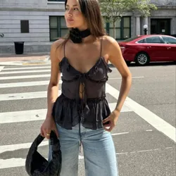 Gaono See-Through Mesh Camisoles Summer Street Style Women's Sleeveless Ruffles V-Neck Tie-Up Sling Vest Tops Backless Camis