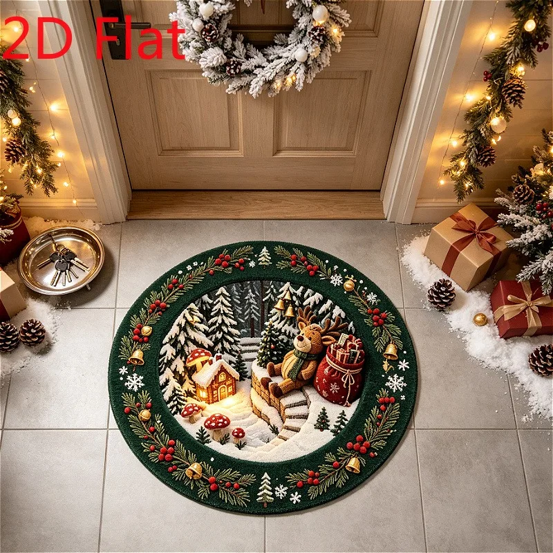Flannel Circular Mat Christmas Cabin Miniature Rug 3D Illusion Soft Warm Candy Cane Wreath Star Printed Room Decor